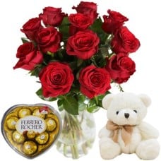 12 Red Roses in Vase, with Ferrero Heart & Teddy Bear