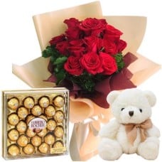 12 Red Roses Bouquet, Teddy Bear & 24 Ferrero Box