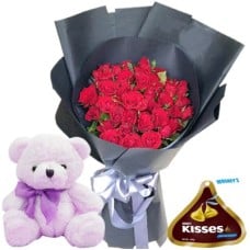 36 Red Roses Bouquet, Bear & 100g. Hershey's Kisses