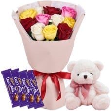 12 Mixed Roses, Teddy Bear & 4pcs Dairy Milk