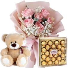 Half Dozen Pink Roses Bear with Chocolate