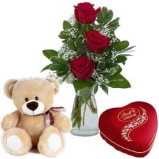 3 Red Roses Vase, Teddy Bear & Lindt Lindor Heart