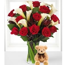 By Your Side (12 Roses + 3 Calla Lilies + Teddy Bearus)