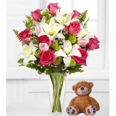 Hugs From Far Away (15 Roses + Teddy Bear (Bouquet)Us)