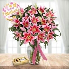Mother's Devotion (3 Lilies Stems + Balloon + Chocolate Box)