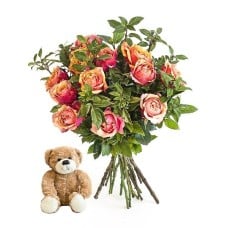 Orange Roses with a Small Teddy (Small (8 Roses))