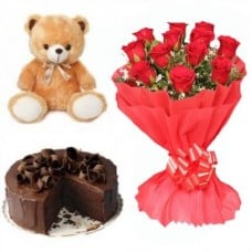 Valentine Cake,Teddy, Red Roses (1/2 Kg Chocolate Cake, 6 inch Teddy & 12 Red Roses)