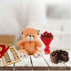 Special 4 Combo (1/2 Kg Assorted Khoa Sweets, 12 Red Roses, 6 Inch Teddy & 1/2 Kg Chocolate Cake)