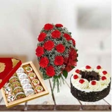 Perfect Combo (1/2 Kg Assorted Khoa Sweets, 12 Carnations & 1/2 Kg Black Forest Cake)