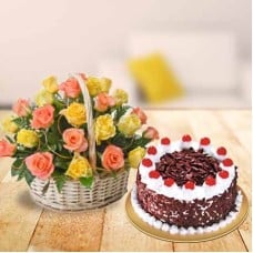 Mixed Roses Basket With Cake (12 Mixed Roses,1 Kg Blackforest Cake)