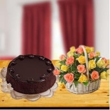 Colorful Love Combo (12 Mixed Roses Basket with 1 Kg Chocolate Cake)