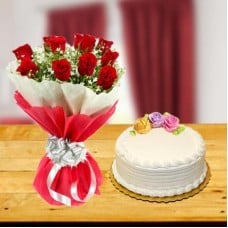 Exclusive Red Roses And Cake Combo (12 Exclusive Red Roses Bouquet with 1 Kg Vanilla Cake)