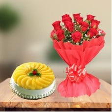 Premium Pineapple Cake and  Red Roses (1 Kg Cake & 12 Red Roses)