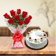 Roses and Pineapple Cake (12 Red Roses & 1/2 Kg Pineapple Cake)