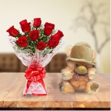 Valentine Roses and Teddy Bear (12 Red Roses & 6 Inch Teddy Bear)