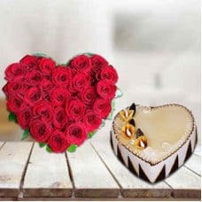Heart Shape Cake and  Flowers (1 Kg Butter Scotch Cake,24 Red Roses)
