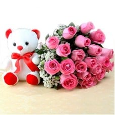 Valentine Pink Roses and Teddy Bear Combo (12 Pink Roses & 6 Inch Teddy Bear)