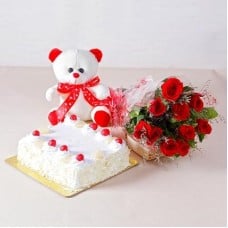 Valentine Tutti frutti Adorable Love Combo (12 Red Roses, 1/2 Kg Pineapple cake & 6 Inch Teddy)