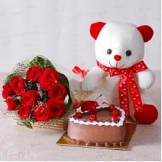 Valentine Adorable Chocolaty Love Combo (12 Red Roses, 1/2 Kg Chocolate cake & 6 Inch Teddy)