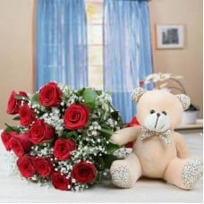 Adorable Love Dose- Red Roses with Teddy (6 Red Roses with 12 Inch Teddy)