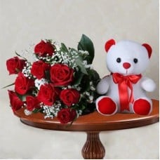 Cute Teddy With Red Roses Bouquet (12 Red Roses with 9-12 Inch Teddy)