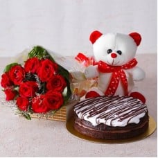 Bunch of Roses with cake and teddy combo (12 Red Roses, 1/2 Kg Chocolate Cake and 6 Inches Teddy)