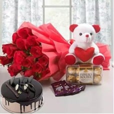 Sweet Love Combo (Bouquet of 15 Red Roses, Cadbury Dairy Milk Chocolate - 5 (12.5 grams each), Teddy Bear - 6 inches, Ferrero Rocher Chocolate Box - 16 pcs, Chocolate Cake - 1 Kg)