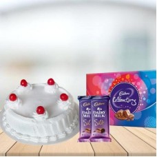 Vanilla Cake with Assorted Chocolates Combo (1/2 kg Vanilla Cake With Cadbury Celebration and 3 Cadbury Dairy Milk Silk (60 gm))