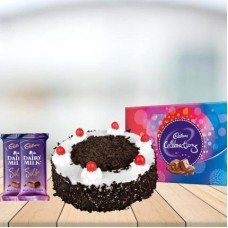 Black Forest Cake with Assorted Chocolates Combo (1/2 kg Black Forest Cake With Cadbury Celebration and 3 Cadbury Dairy Milk Silk (60 gm))