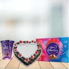 Heart Shape Black Forest with Assorted Chocolates Combo (1/2 kg Heart Black Forest Cake With Cadbury Celebration and 5 Cadbury Dairy Milk Silk (60 gm))