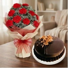 Red Carnation and  Cake (12 Carnation with 1/2 Kg Pineapple Cake)