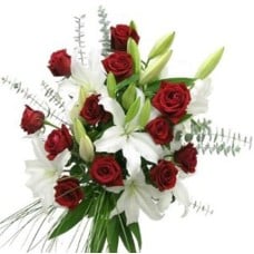 White Lily & Red Roses (4 Lilies + 8 Roses Bouquet)