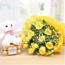 Yellow Roses, chocolate & Teddy Combo (6 Yellow Roses, 16 Pc Ferrero Rocher & 6 Inch Teddy)