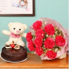 Beautiful carnation and chocolate cake Combo (12 Carnations, 1/2 Kg Chocolate Cake and 6-9 Inches Teddy)