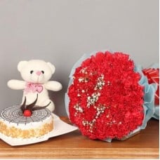 Beautiful carnation and butterscotch cake Combo (6 Carnations, 1 Kg butterscotch Cake and 6-9 Inches Teddy)