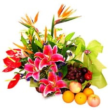 Basket Mix Seasonal Fruit garnish with Mix Flowers-3