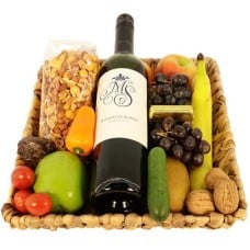 Luxury wine fruit basket with mixed snacks 30cm (Deluxe red wine fruit basket with 300-gram bag of snack mix)