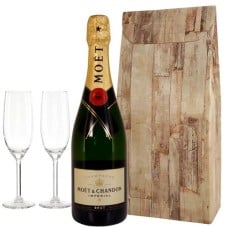 Moet Chandon in 2 champagne glasses (Moet Chandon Brut + two Champagne glasses include luxury treats + Handmade candies 150 grams in a treats bonbon box)