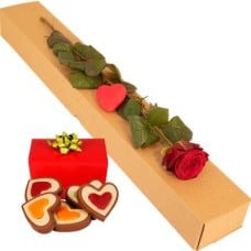 Dutch red rose + 140 grams of chocolate hearts (Red rose in luxury gift box + 140 grams of heart-shaped chocolates)
