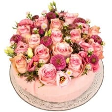 Pink rose flower cake (Blossom of pink rose in flowers 16 cm on a glass underplate)