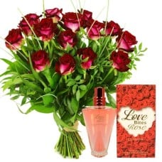 Red roses + rose perfume (Bouquet of 10 red roses include foliage + rose perfume)