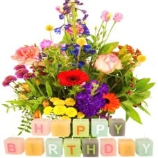 Colorful hand-picked bouquet + happy birthday candles (Medium hand-picked bouquet + happy birthday candles)
