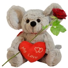 Cuddly grey mouse approx. 28cm with red heart (Cuddly light gray but approx 28cm with red heart my love)