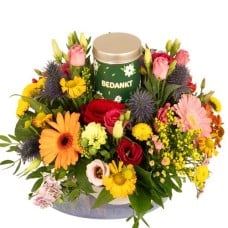 Biedermeier fur + tin of thank you candy (Biedermeier multicolored medium with thank-you tin of candy)