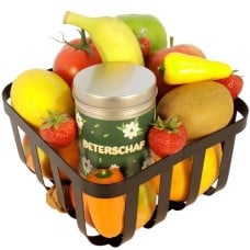 Fruit basket Get well soon tin can of drops crayons (Get Well Soon fruit basket with a tin of get well soon licorice and crayons)