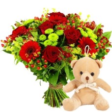 Bouquet red - green + teddy bear (Medium Bouquet + small teddy bear)
