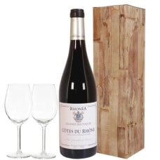Cotes du Rhone wine and 2 wine glasses (Cotes du Rhone white wine + 2 wine glasses packed in a luxury gift box)