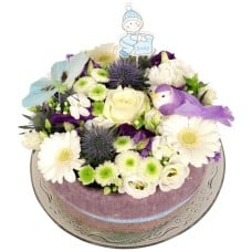 Birth of a boy flower cake (Baby boy flower cake medium on a glass base plate)