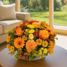 Biedermeier orange-yellow flower arrangement from 25 cm (Biedermeier flower arrangement medium orange yellow)