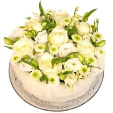 White rose flower cake (Flowers with pink and white flowers16 cm with glazed border)